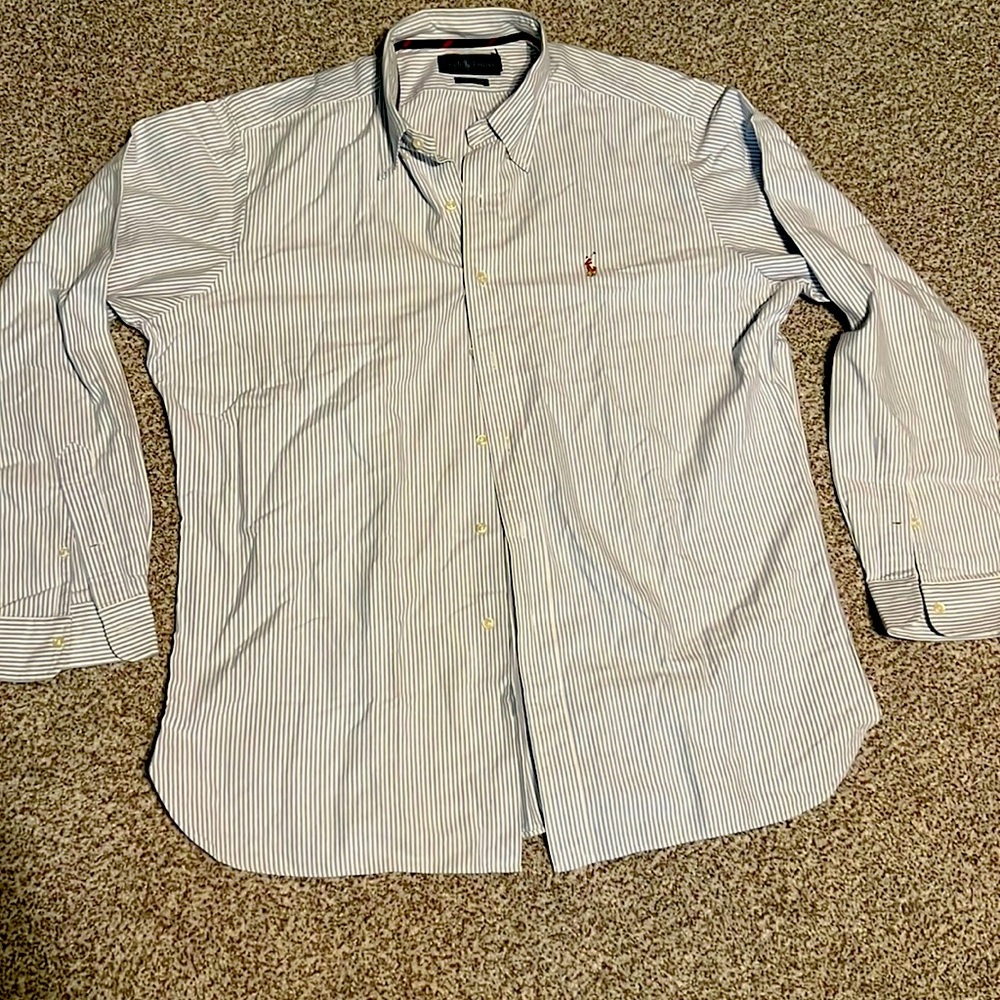 Ralph Lauren classic fit button down shirt, size XL, blue and white stripes.